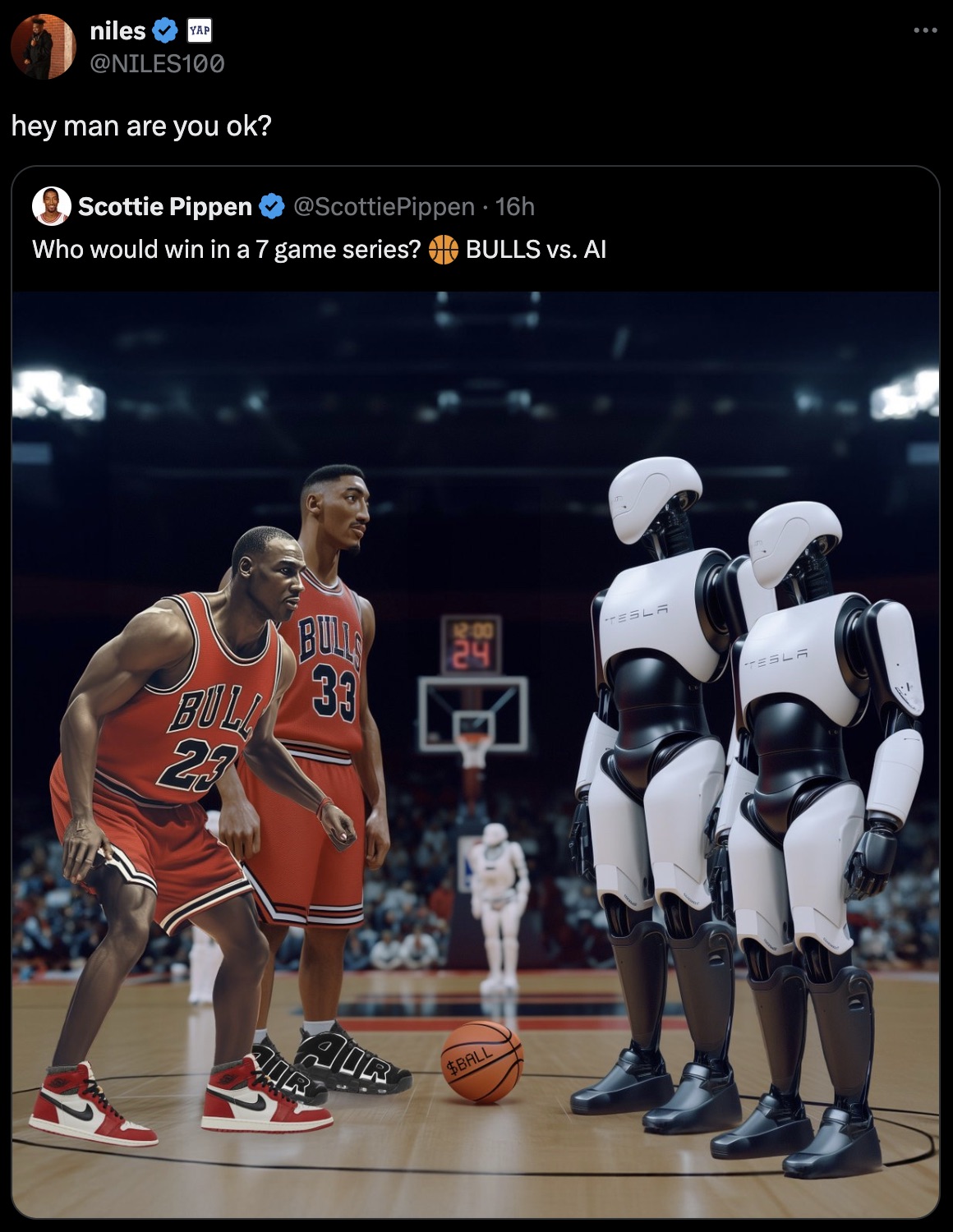 basketball moves - Yap niles hey man are you ok? Scottie Pippen Pippen 16h . Bulls vs. Al Who would win in a 7 game series? Bulls 8 29 Bull 33 23 Air Air $Ball Tesla Tesla